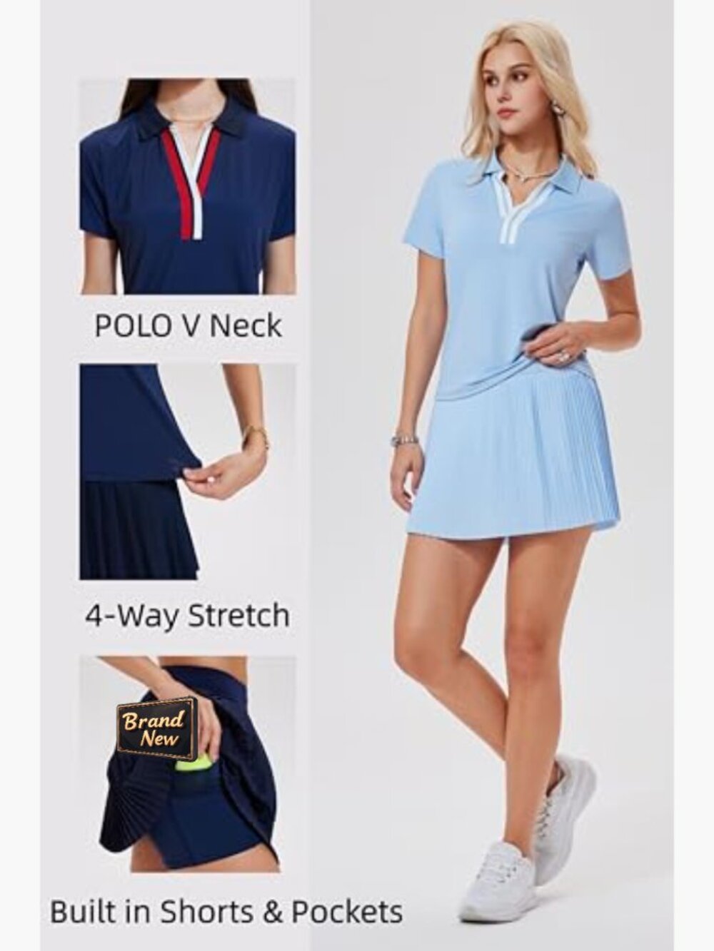 Women's 2 Piece Tennis Skirt Set Pleated Pickleball Outfit Polo Golf Dress with - Picture 3 of 7